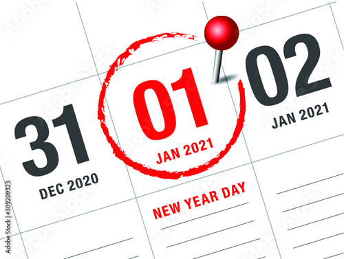 Close up of first day of the year 2021 on diary calendar, simple and clean design vector. 
