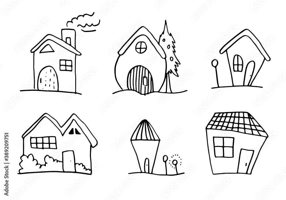 Hand drawn funny house vector set isolated on white background.