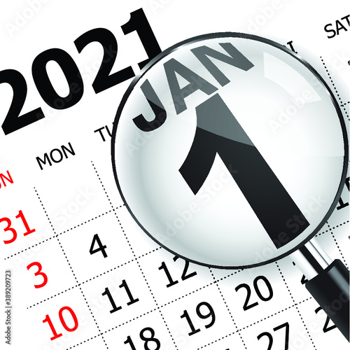 Close up of first day of the year 2021 on calendar. New year is the first day of the year in the Gregorian calendar.