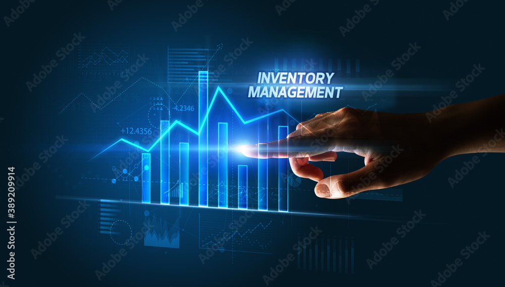 Hand touching INVENTORY MANAGEMENT button, business concept Hand touching INVENTORY MANAGEMENT button, business concept
