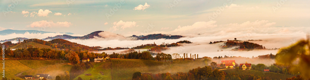South styria vineyards panorama, Tuscany of Austria. Sunrise in autumn.
