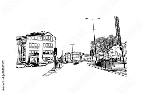 Building view with landmark of Cardiff is a city, principal area and the capital of Wales. Hand drawn sketch illustration in vector.