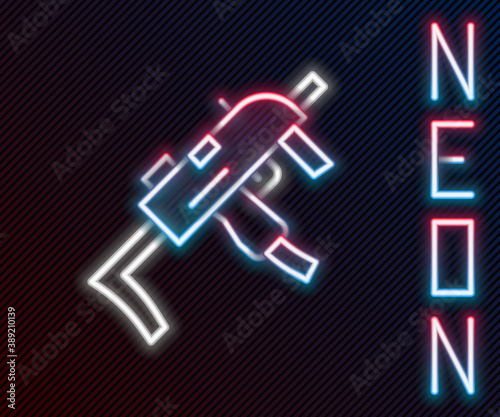 Glowing neon line MP9 submachine gun icon isolated on black background. Automatic weapon. Colorful outline concept. Vector.