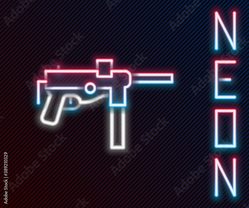 Glowing neon line Submachine gun M3, Grease gun icon isolated on black background. Colorful outline concept. Vector.