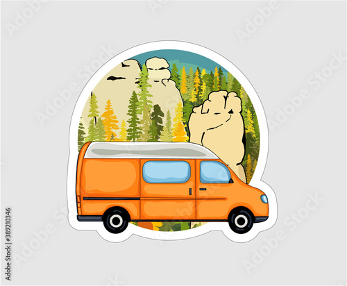 Van with sandstone formation and forest in the background. Van life badge, illustration. 