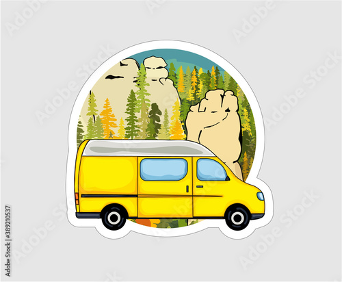 Van with sandstone formation and forest in the background. Van life badge, illustration. 