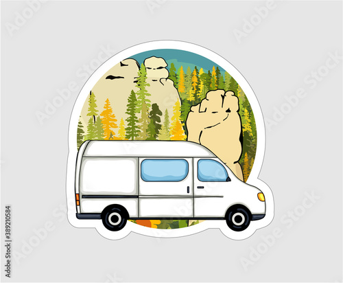 Van with sandstone formation and forest in the background. Van life badge, illustration. 