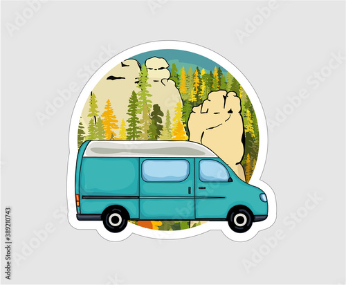 Van with sandstone formation and forest in the background. Van life badge, illustration. 