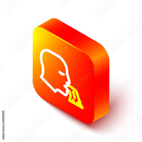 Isometric line Vomiting man icon isolated on white background. Symptom of disease, problem with health. Nausea, food poisoning, alcohol poisoning concept. Orange square button. Vector.
