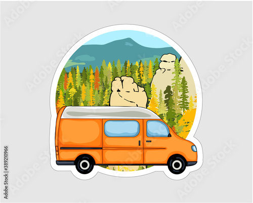 Van life sticker. Sandstone rock formation, forest and the mountains in the background. Colorful Illustration.  © Anna