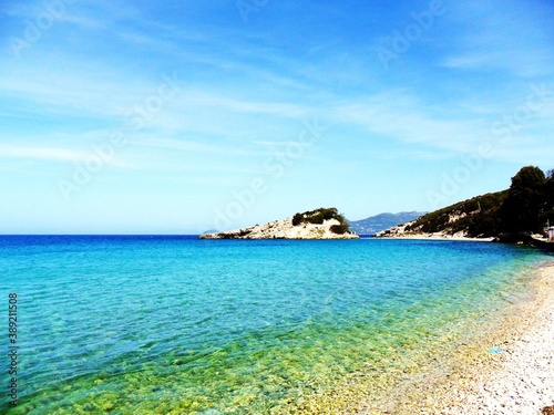 The tuquoise water, paradise beaches and mountains on the greek island of Samos in the Aegean Sea, Greece