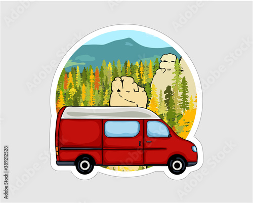 Van with sandstone formation and forest in the background. Van life badge, illustration. 