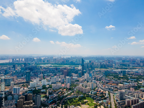 Aerial view of Wuhan skyline and Yangtze river with supertall skyscraper under construction in Wuhan Hubei China.