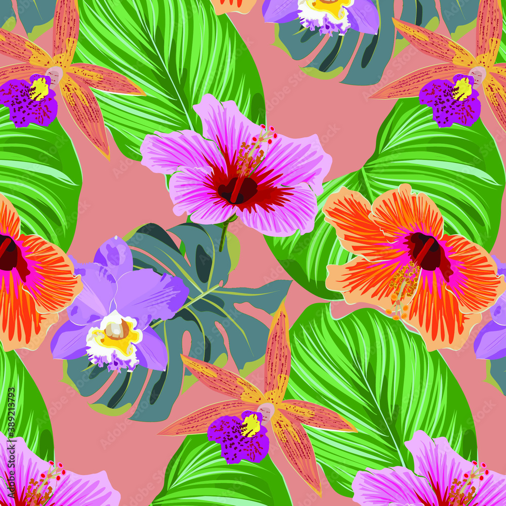Naklejka premium Tropical flora and leaves vector pattern, repeating Monstera leaves, Orchid flower, Hibiscus flower and Calathea Orbifolia leaves . Pattern is clean for fabric, wallpaper, printing. Pattern is on swat