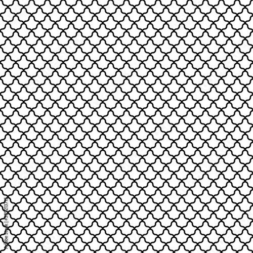White interlocking figures tessellation on black background. Image with floral shapes. Ethnic mosaic tiles motif. Oriental window tracery. Seamless surface pattern design with scales ornament. Vector.