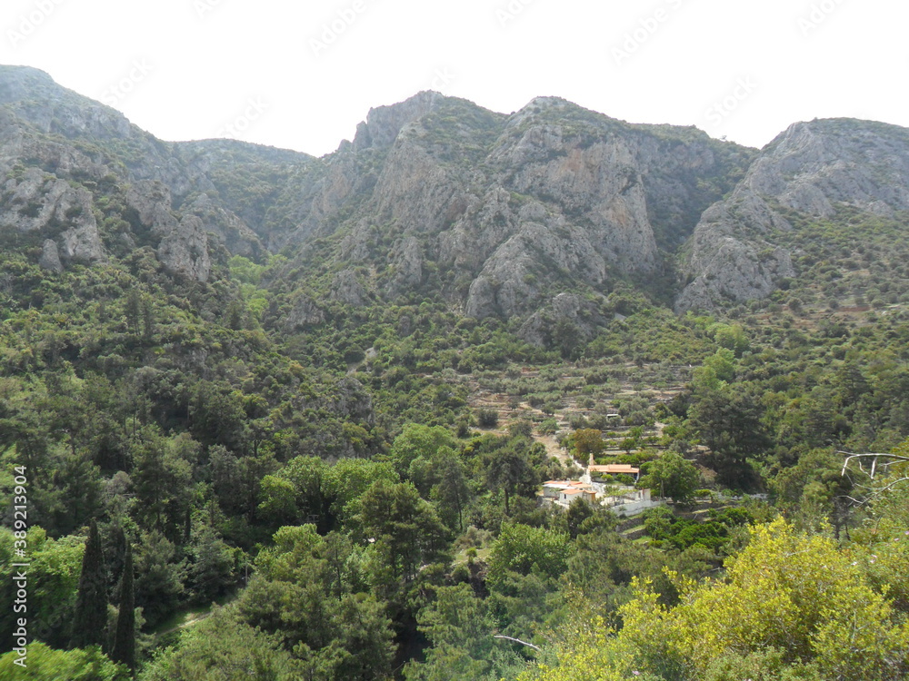 Fototapeta premium The colorful and beautiful landscapes of the mountains and valleys on the greek island of Samos in the Aegean Sea, Greece