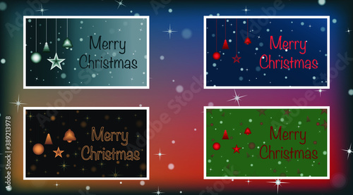 Quadruple set of Merry Christmas cards containing christmas and happy new year objects in four different colors.