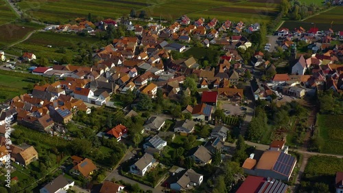 Aerial view of vineyards, houses around the village Burrweiler and Frankweiler in the Pfalz in Germany. On a sunny day in Autumn, fall. photo