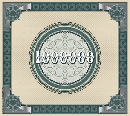 Sample money bond with a frame and guilloche patterns. One million paper ticket. Round mesh. EPS10