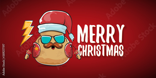vector rock star santa potato funny cartoon cute character with with red santa hat and calligraphic merry christmas text isolated on red horizontal background. rock n roll christmas party banner