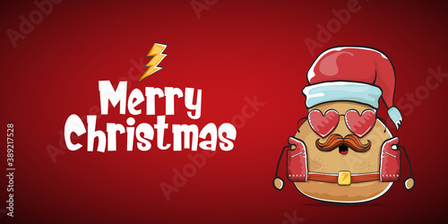 vector rock star santa potato funny cartoon cute character with with red santa hat and calligraphic merry christmas text isolated on red horizontal background. rock n roll christmas party banner
