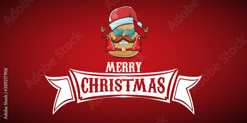 vector rock star santa potato funny cartoon cute character with with red santa hat and calligraphic merry christmas text isolated on red horizontal background. rock n roll christmas party banner