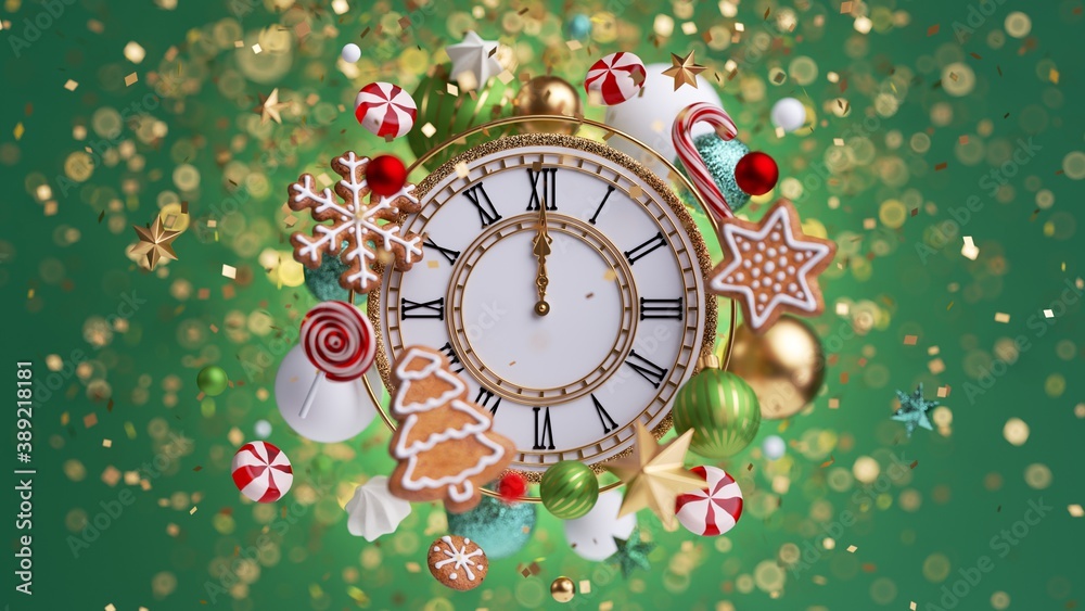 Fototapeta premium 3d render, Happy New Year celebration, midnight salute with sparkling confetti and bokeh lights, gingerbread cookies, caramel candies and glass balls, vintage clock over the green background