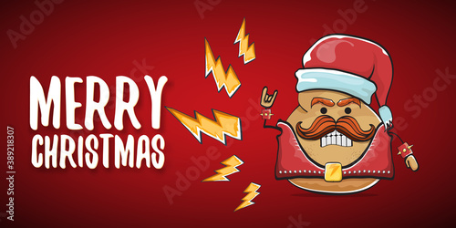 vector rock star santa potato funny cartoon cute character with with red santa hat and calligraphic merry christmas text isolated on red horizontal background. rock n roll christmas party banner