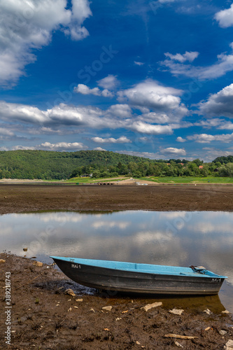 Boat on the sea ground at very low water levels in the Edersee in northern Hesse  Germany.
