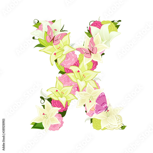 Graceful floral abc with white lilies, pink roses and butterflie