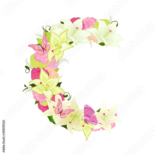 Graceful floral abc with white lilies, pink roses and butterflie