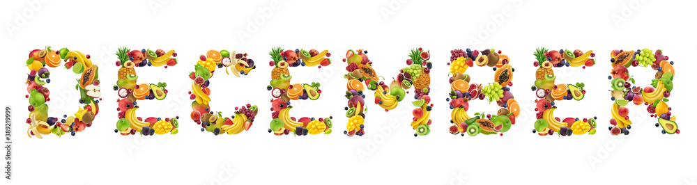 December word made of tropical and exotic fruits