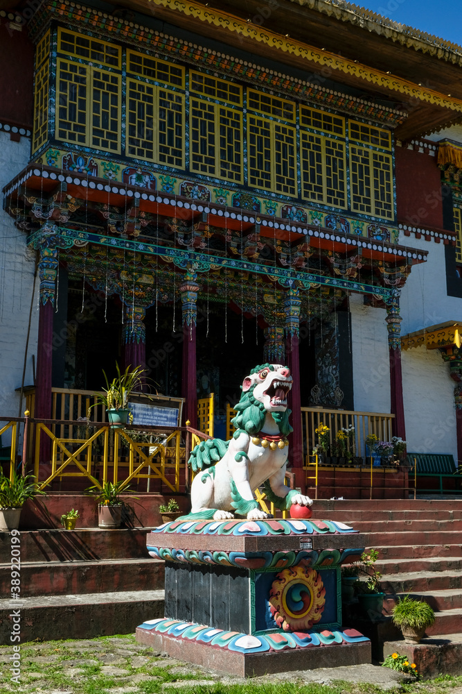 Pelling, India - October 2020: Statue of a lion in the Pemayangtse Monastery on October 30, 2020 in Pelling, Sikkim, India.