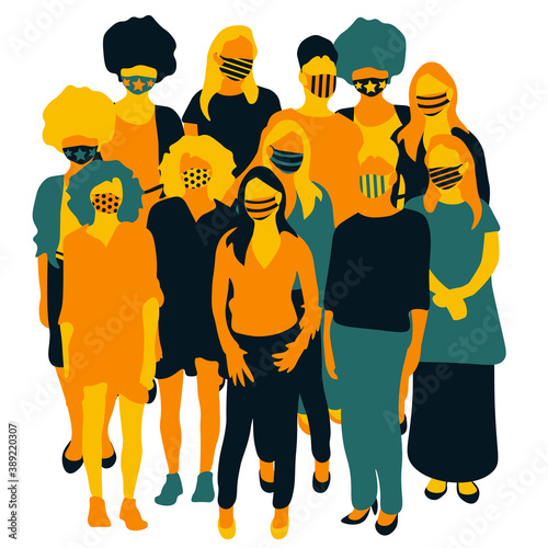 Women group wearing medical masks abstract illustration. Abstract vector illustration of women crowd. Stylish medical mask, women crowd, Freedom, Independence, Equality.