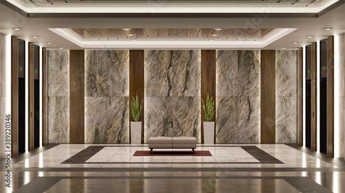 3D rendering luxury lobby interior near elevator with panoramic photo