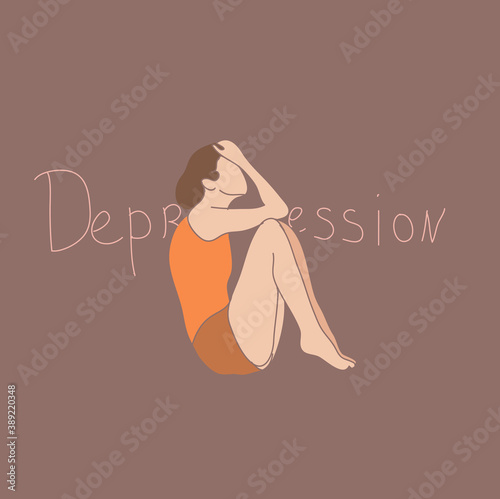 A sad, unhappy, depressed girl, a woman in depression. A young unhappy girl sits and covers her face with her hands. Vector illustration in flat cartoon style.