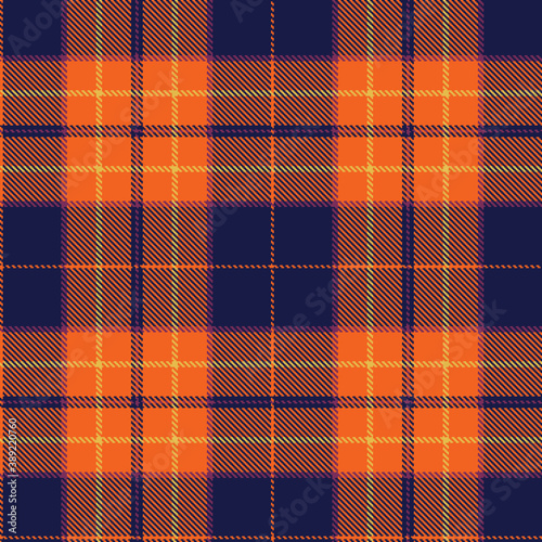 Tartan Cloth Pattern. Checkered plaid vector illustration. Seamless background of Scottish style. Great for fashion wallpapers, textiles, decorations, web, prints. Dark Blue, Yellow, Orange, Violet.