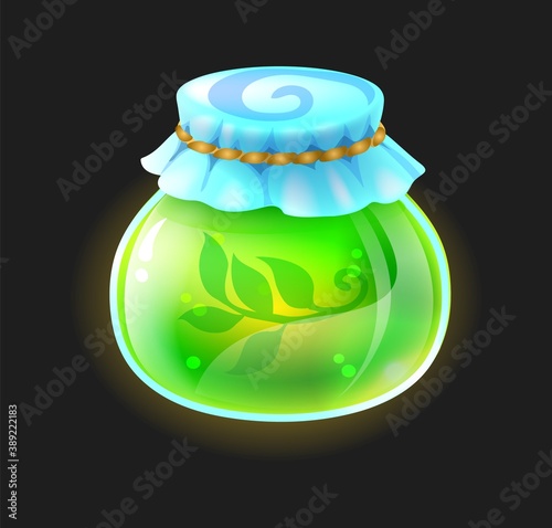 Potion bottle. Round form phial with green liquid balm from magical plant ingredients. Cartoon elixir bottle, computer video game alchemy inventory. Magic drink for treatment, vector illustration
