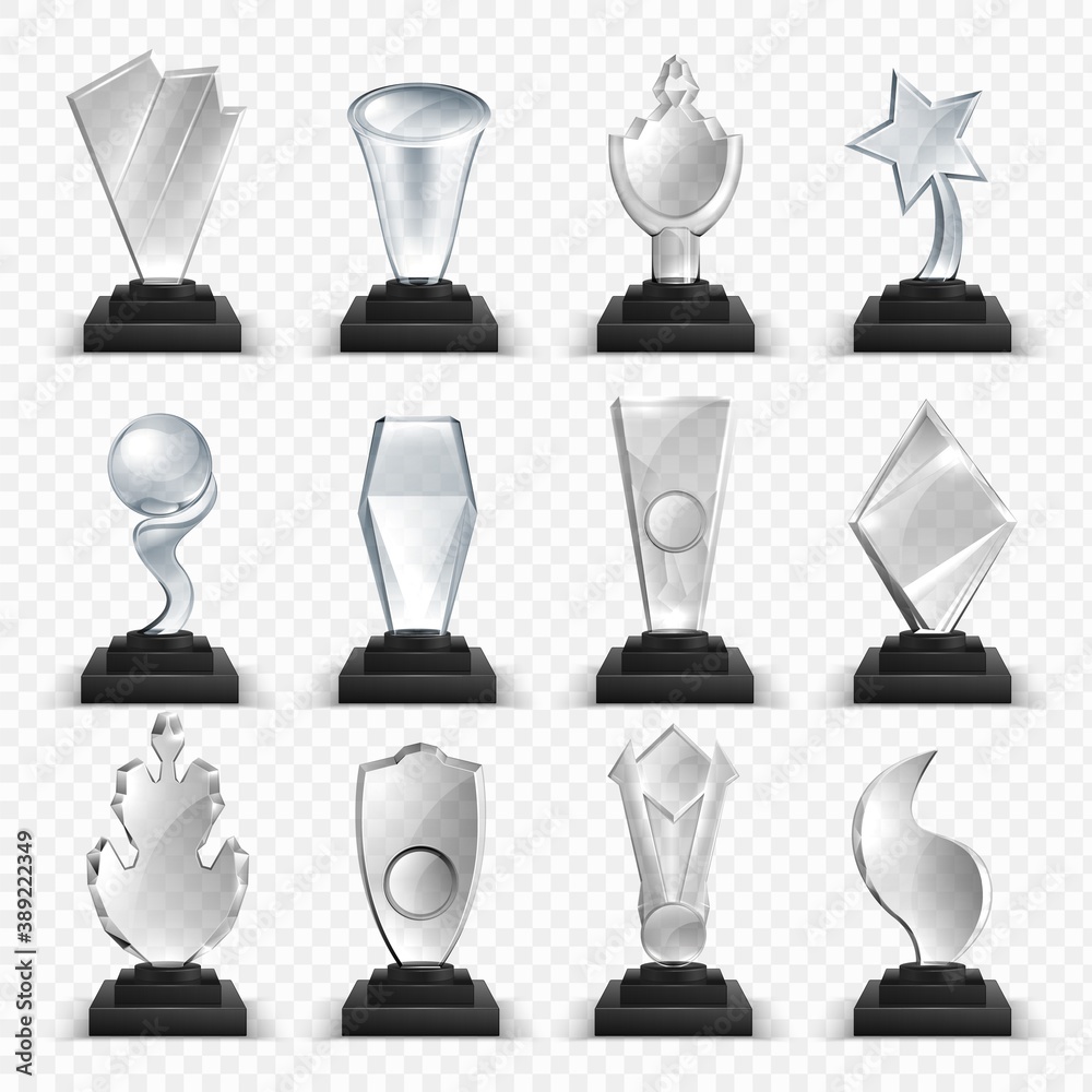 Glass awards. Realistic trophies, 3D winner prizes from transparent  material. Blank champion cups template, reward in sport, scientific and  creative competitions. Crystal forms on stand, vector set Stock Vector |  Adobe Stock