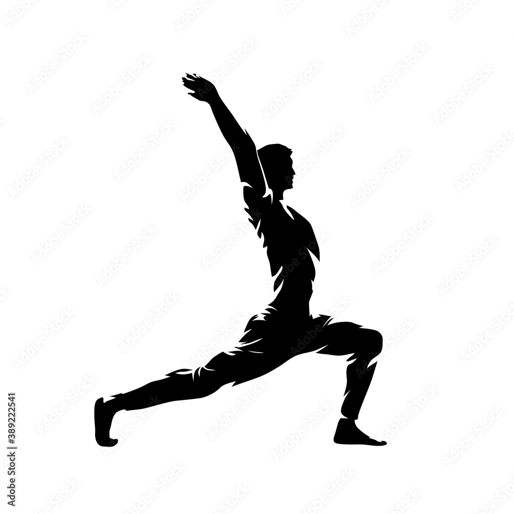 Yoga, warrior pose, isolated vector silhouette, ink drawing. Side view. Man pacticing yoga