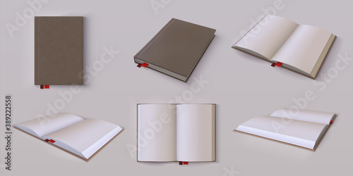 Diary mockup. Realistic blank open and closed 3D planner, white paper sheets for brand identity design and advertising. Hardcover organizer with red bookmarks and copy space. Vector book isolated set