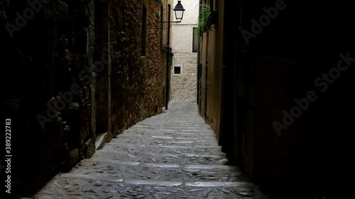 Stairs in a narrow medieval street in Girona, Spain, 4k