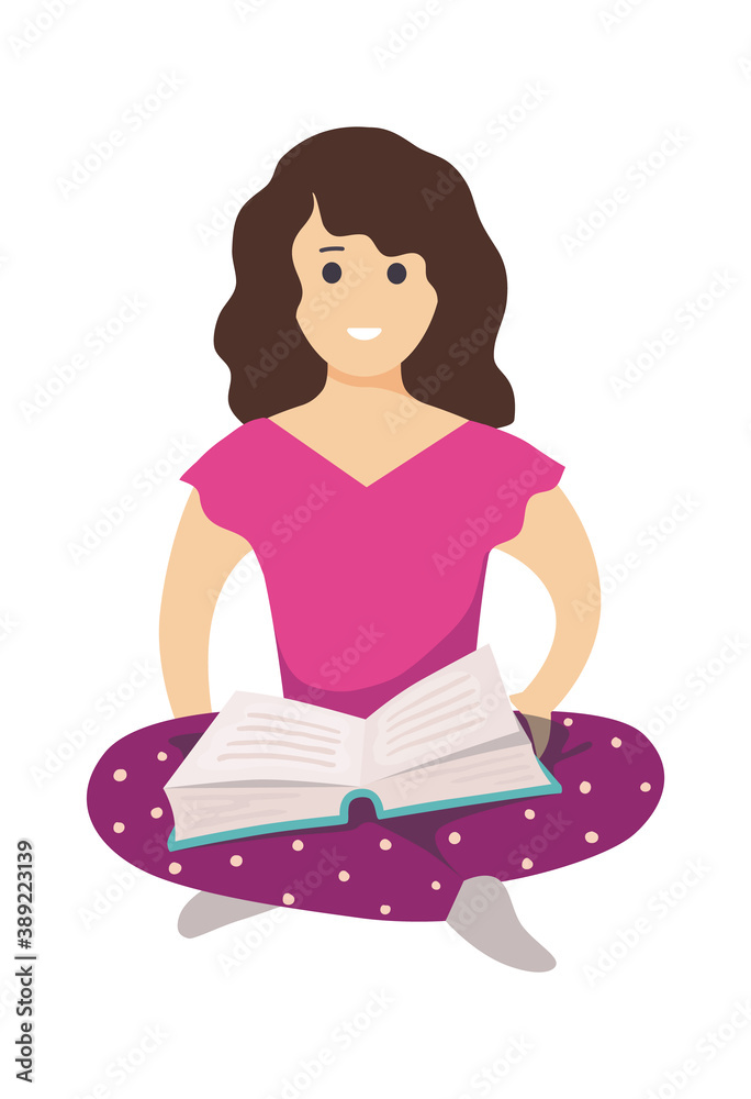 Girl with book. Female character sitting on floor and read, schoolgirl with textbook, smart student girl study knowledge, people self education and hobby vector cartoon isolated reader illustration Girl with book. Female character sitting on floor and read, schoolgirl with textbook, smart student girl study knowledge, people self education and hobby vector cartoon isolated reader illustration