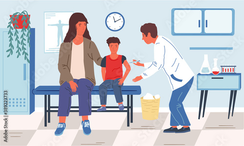 Vaccination. Cartoon pediatrician doctor makes injection of vaccine, flu and disease prevention concept. Consulting room interior in child hospital. Vector medical treatment or healthcare illustration