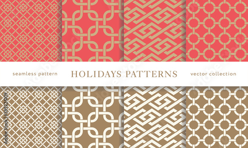 Set of seamless winter holidays geometric patterns. Merry Christmas and Happy New Year collection. Modern elegant wallpaper. Vector illustration.