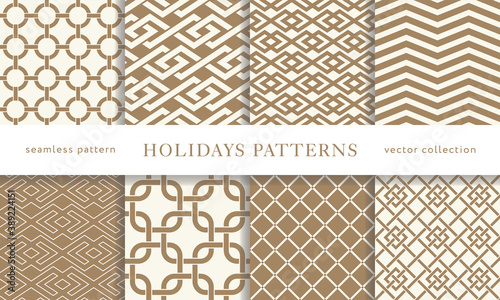 Set of seamless winter holidays geometric patterns. Merry Christmas and Happy New Year collection. Modern elegant wallpaper. Vector illustration.