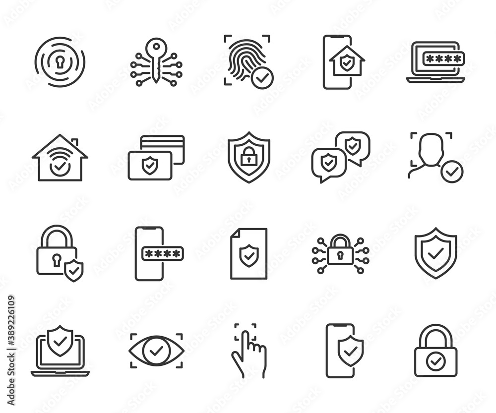 Vector set of security line icons. Contains icons digital lock, cyber security, password, smart home, computer security, electronic key, fingerprint and more. Pixel perfect. Vector set of security line icons. Contains icons digital lock, cyber security, password, smart home, computer security, electronic key, fingerprint and more. Pixel perfect.