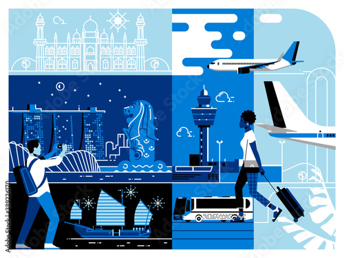 Traveling Asia. Singapore Tourist Attractions. Singapore city skyline. Cityscape with all famous buildings. Vector illustration
