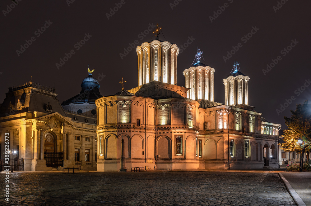 view of the patriarchal cathedral in Bucharest at night