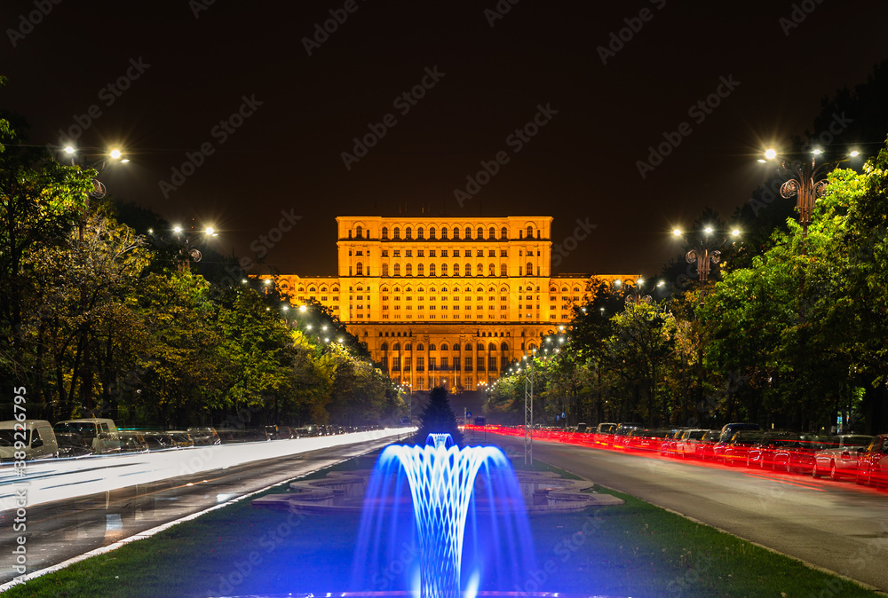 Palace of the Parliament / Casa Poporului in the Romanian capital of Bucharest illuminated at night